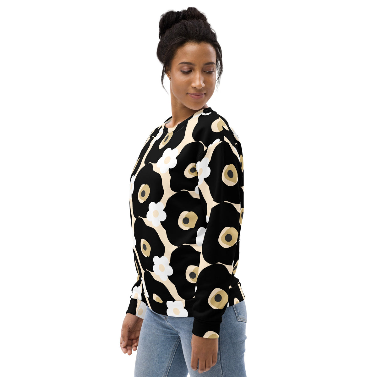 Model wearing a Good Wishes 365 black and white floral recycled sweatshirt with a relaxed unisex fit and ribbed cuffs