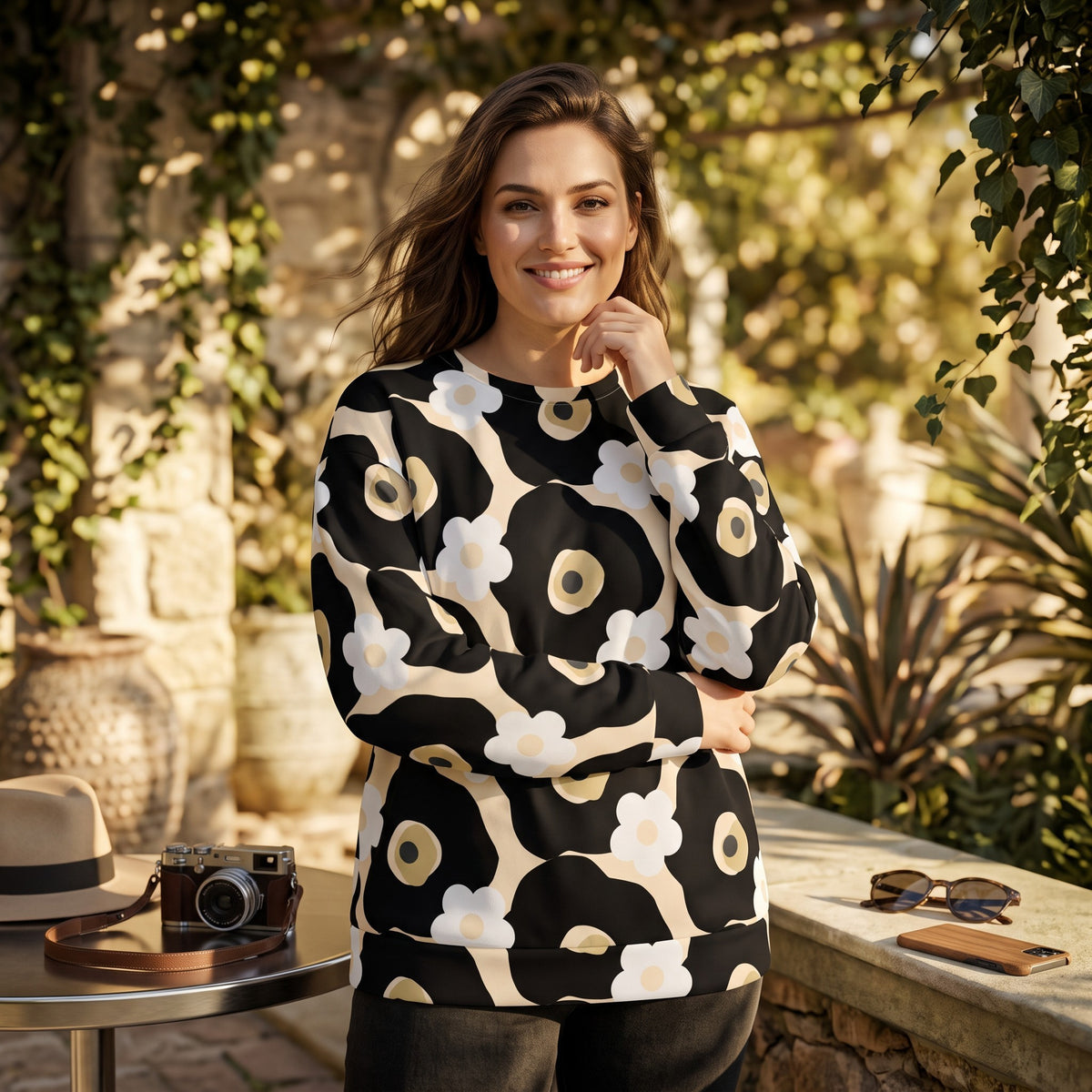 Good Wishes 365 recycled sweatshirt with black, white, and beige floral print worn by a smiling woman outdoors.