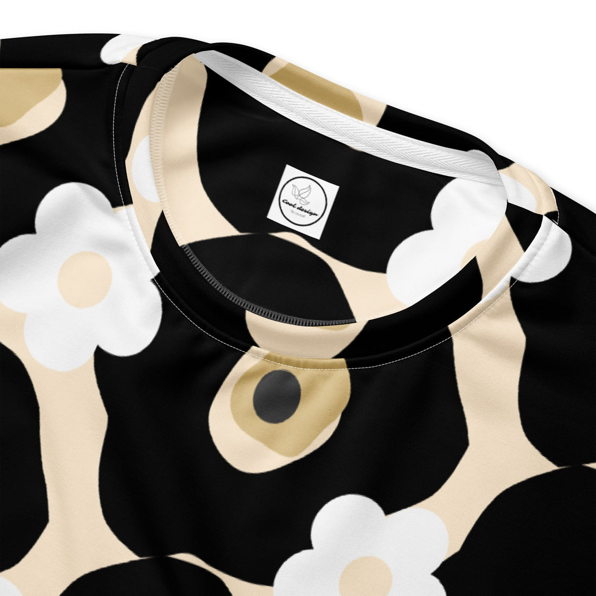 Good Wishes 365 recycled sweatshirt featuring a black, white, and beige all-over floral print with a crew neckline.