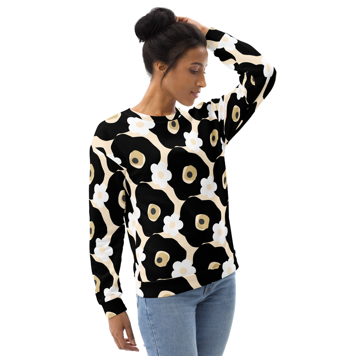Good Wishes 365 recycled sweatshirt with black, white, and beige floral print worn by a woman with a hair bun