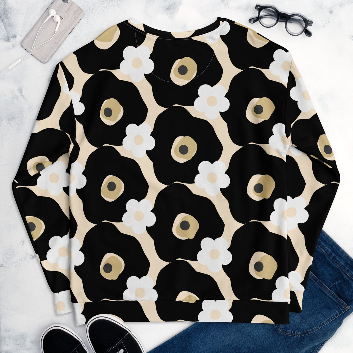 Good Wishes 365 recycled sweatshirt featuring a black, white, and beige all-over floral print in a relaxed unisex fit.