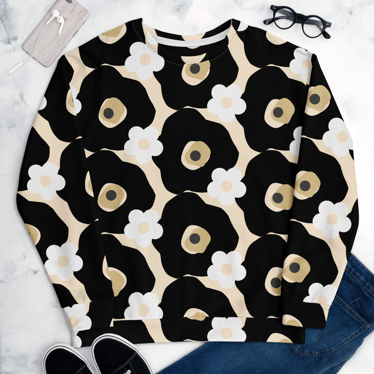 Good Wishes 365 recycled sweatshirt featuring a black, white, and beige all-over floral print in a relaxed unisex fit.