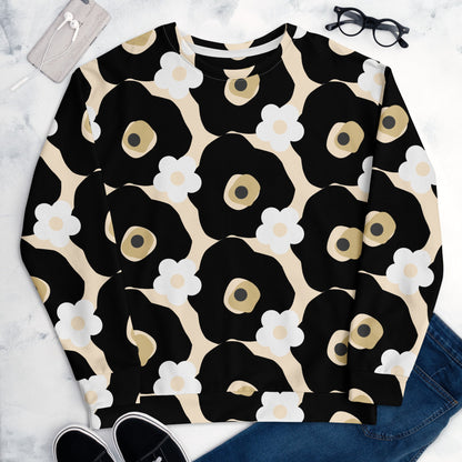 Good Wishes 365 recycled sweatshirt featuring a black, white, and beige all-over floral print in a relaxed unisex fit.