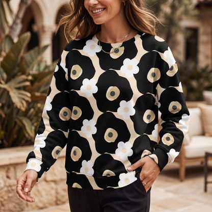 Good Wishes 365 recycled sweatshirt with black, white, and beige floral print, featuring a relaxed unisex fit.