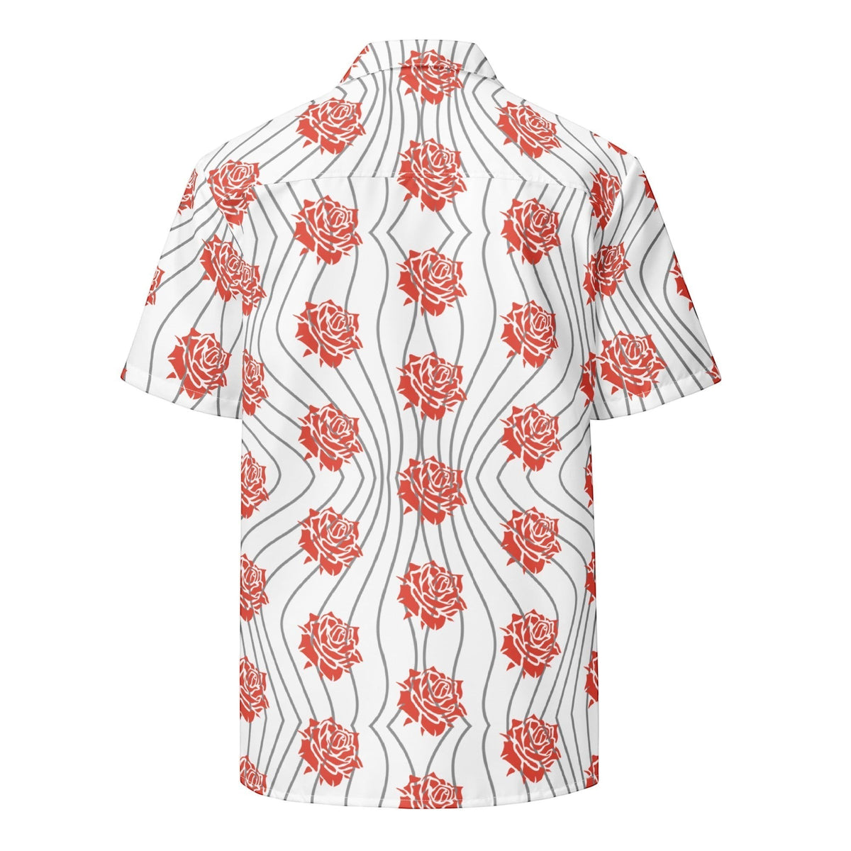 Good Wishes 365 unisex button-up shirt featuring a red rose and wavy line print on a white background, back view.