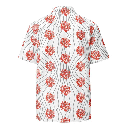 Good Wishes 365 unisex button-up shirt featuring a red rose and wavy line print on a white background, back view.