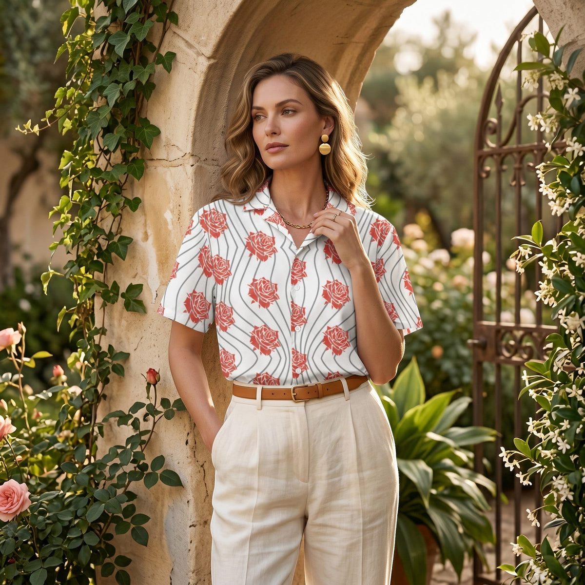 Good Wishes 365 unisex button-up shirt with red rose floral print and wavy lines, worn with cream trousers in a garden.