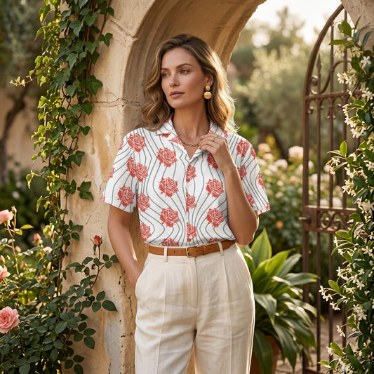 Good Wishes 365 unisex button-up shirt with red rose floral print and wavy lines, worn with cream trousers in a garden.