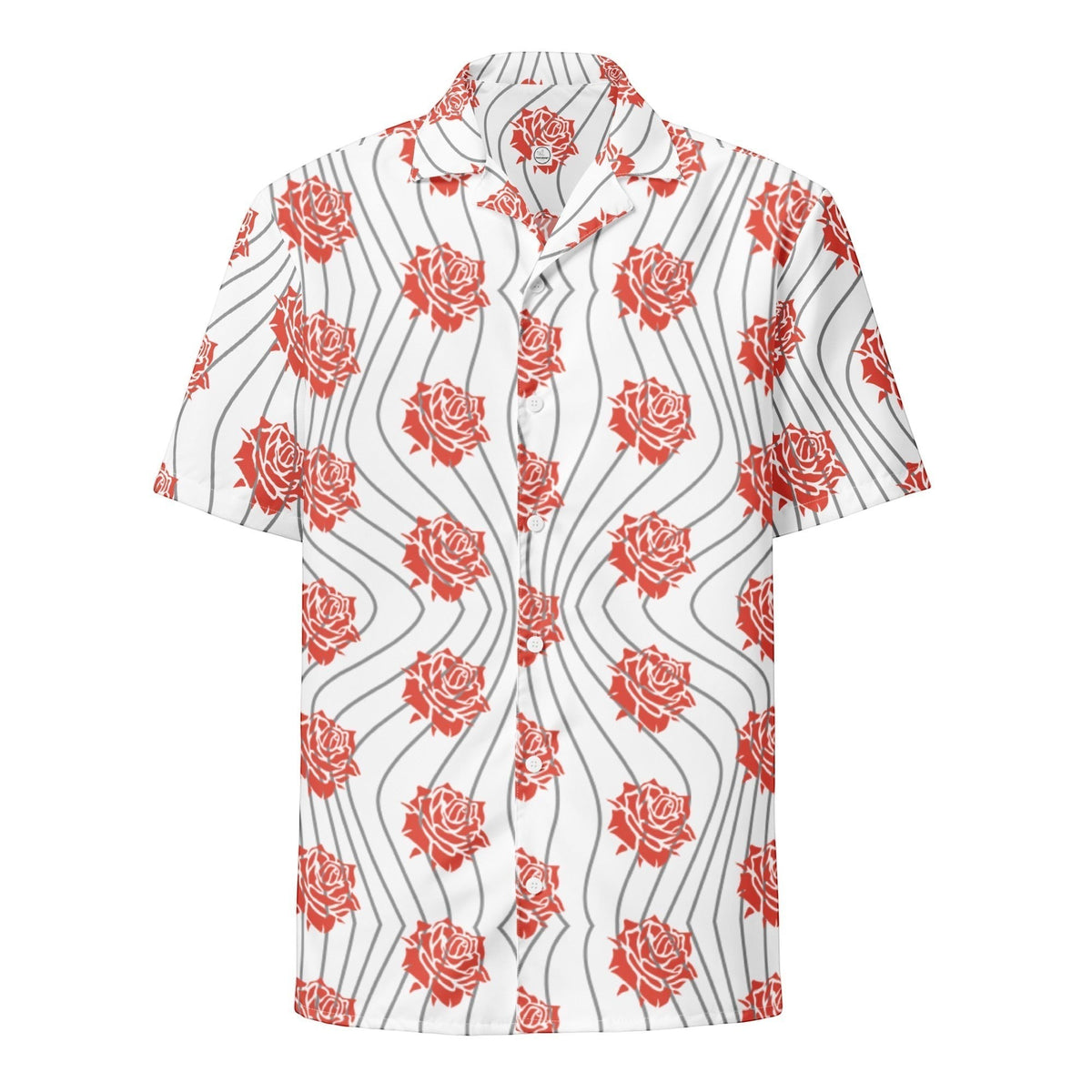 Good Wishes 365 unisex button-up shirt with red rose floral print and wavy lines on a white background.