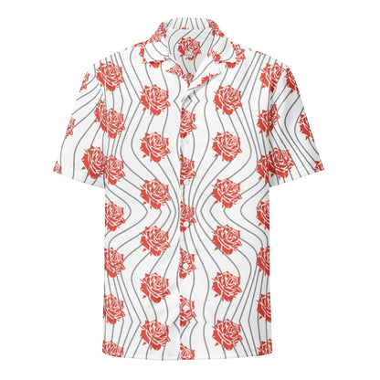 Good Wishes 365 unisex button-up shirt with red rose floral print and wavy lines on a white background.