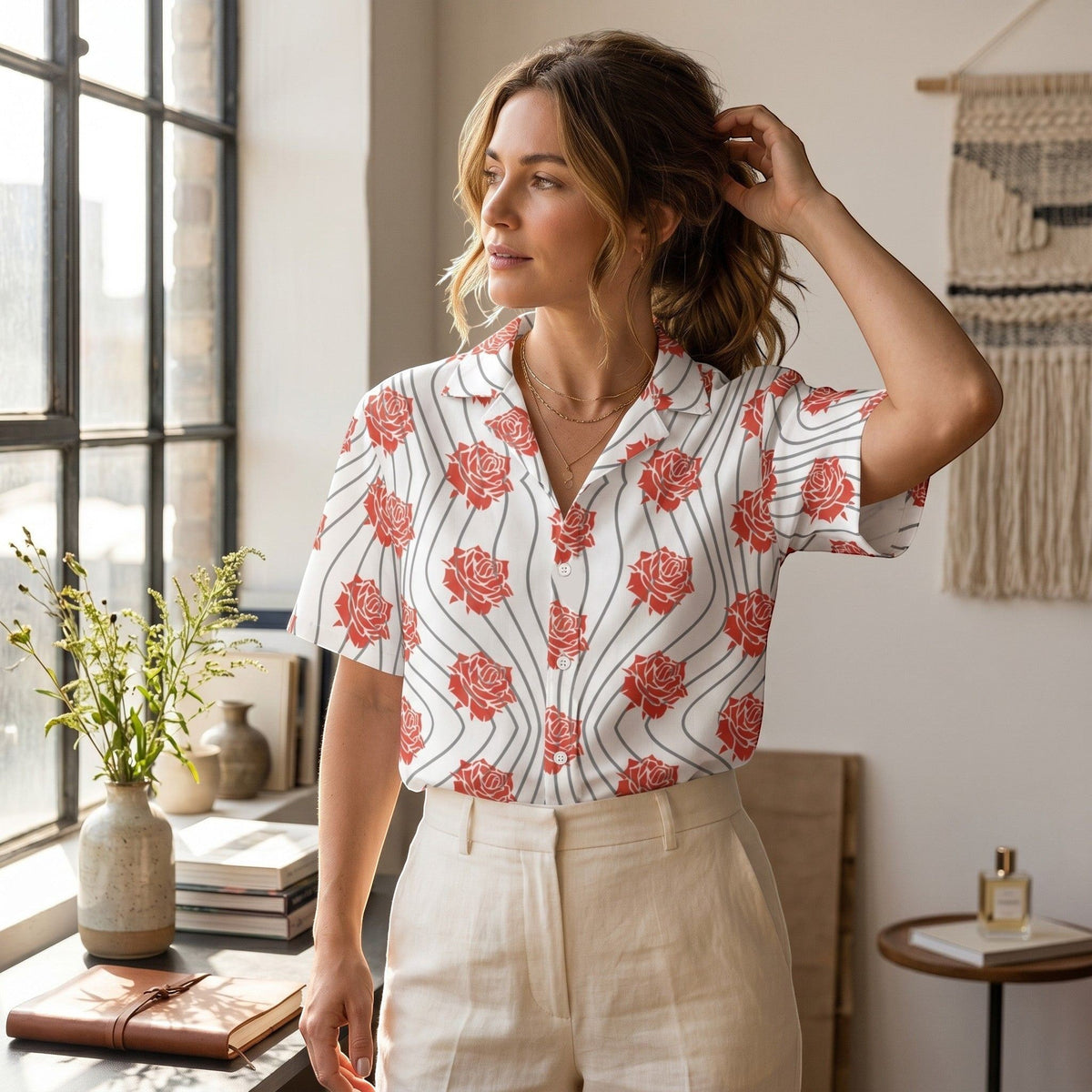 Good Wishes 365 unisex button up shirt with red rose floral print and wavy lines on a white background
