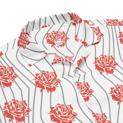 Good Wishes 365 unisex button-up shirt with a white background, red rose floral print, and grey wavy line pattern.