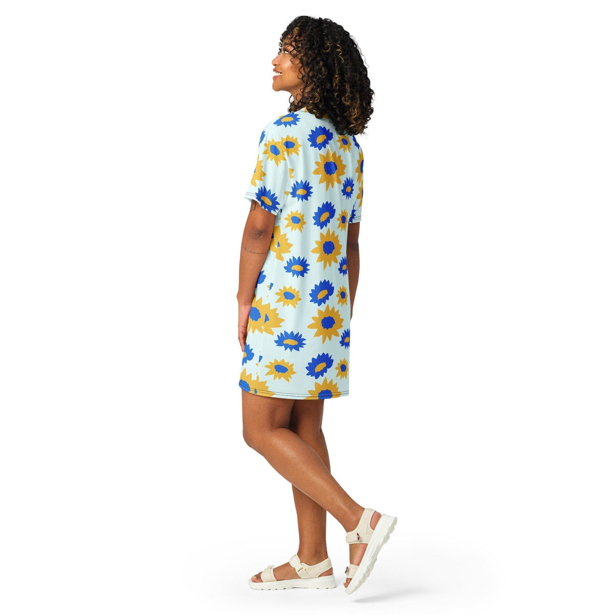 Good Wishes 365 light blue t-shirt dress with yellow and blue floral print, featuring a relaxed drop-shoulder fit.