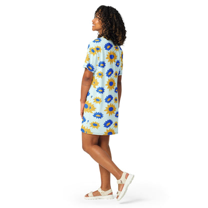 Good Wishes 365 light blue t-shirt dress with yellow and blue floral print, featuring a relaxed drop-shoulder fit.