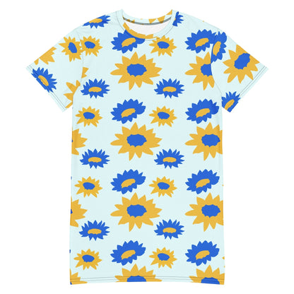 Good Wishes 365 light blue t-shirt dress with an all-over yellow and blue floral print and relaxed crew neck fit.