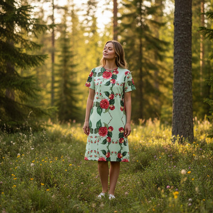 Good Wishes 365 pastel green t-shirt dress with a repeating red floral pattern and drop shoulders.