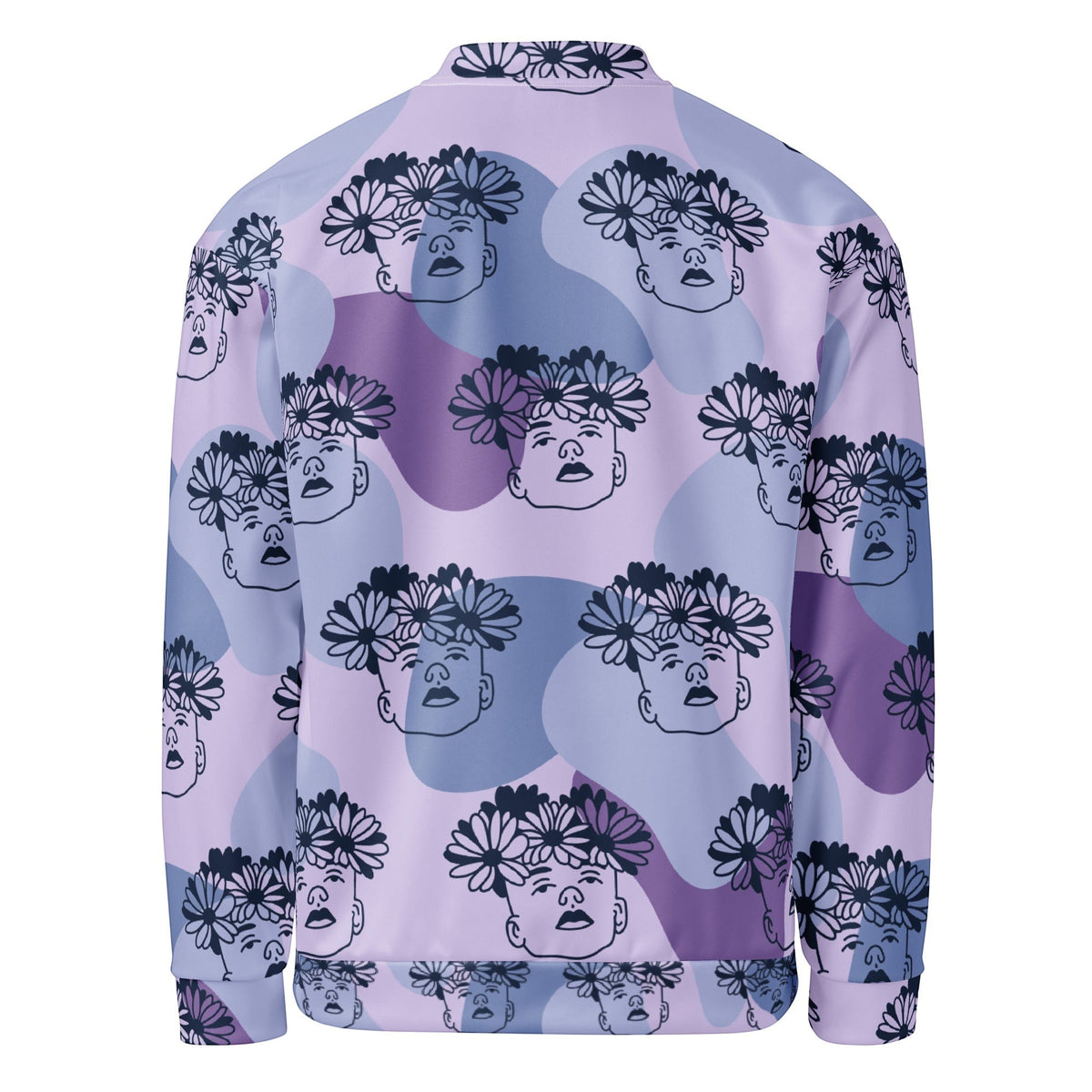 Back view of Good Wishes 365 unisex bomber jacket with purple abstract background and flowercrown face print