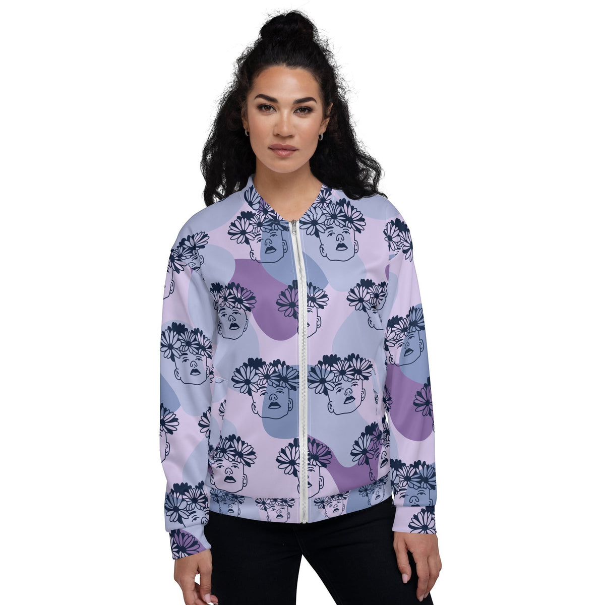Good Wishes 365 unisex bomber jacket featuring a purple abstract background with a flowercrown face print