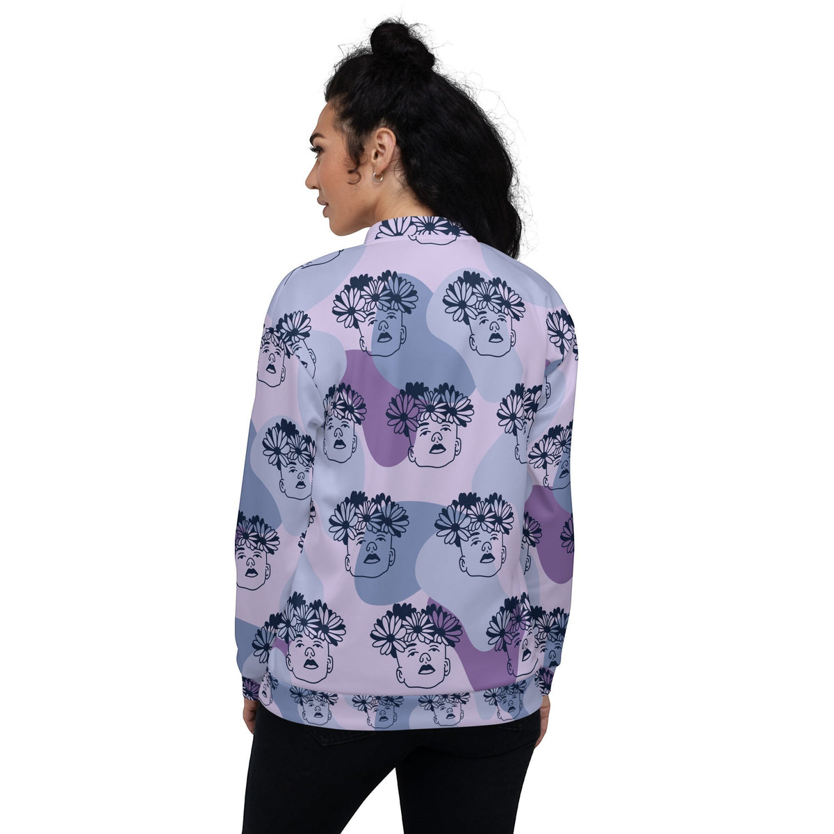 Good Wishes 365 unisex bomber jacket with purple abstract background and flowercrown face print, back view