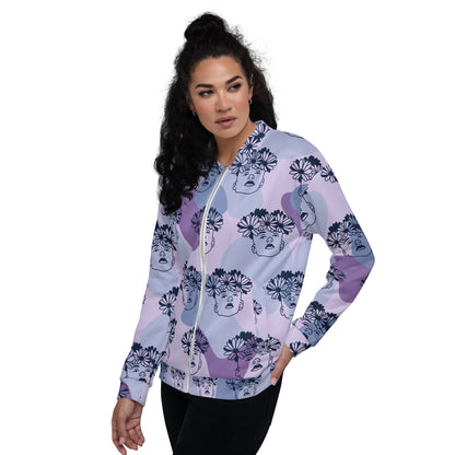 Good Wishes 365 unisex bomber jacket featuring a purple abstract background with a flowercrown face print pattern.