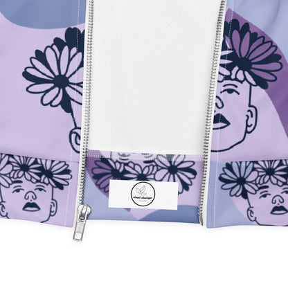 Good Wishes 365 unisex bomber jacket featuring a purple abstract background with a black and white flowercrown face print