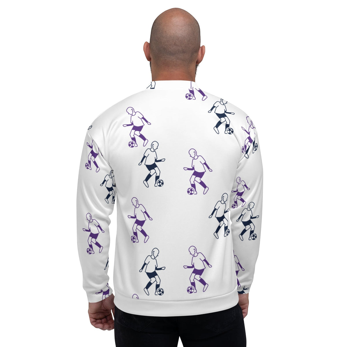 Good Wishes 365 unisex white bomber jacket with purple and blue football player line-art print, back view