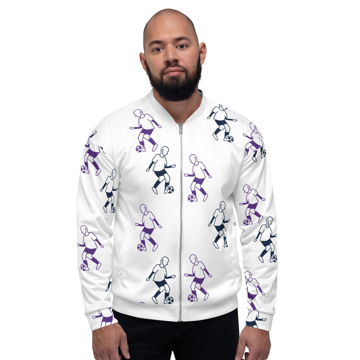 Good Wishes 365 unisex white bomber jacket with a purple and blue football player line-art print on a male model.