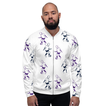 Good Wishes 365 unisex white bomber jacket with a purple and blue football player line-art print on a male model.