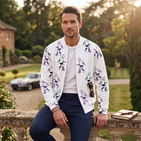 Good Wishes 365 white bomber jacket with purple and black football player print, featuring a silver YKK zipper.