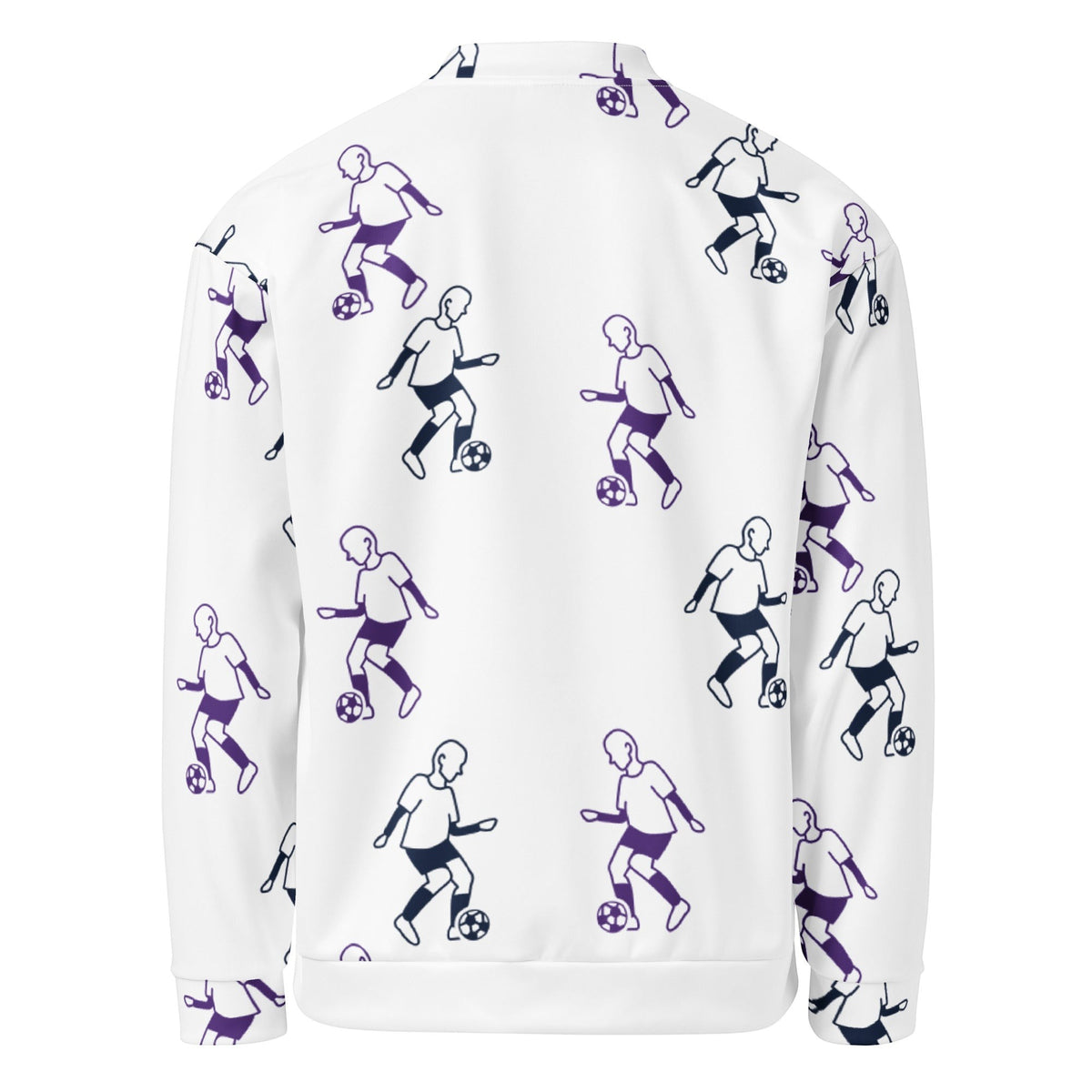Good Wishes 365 unisex bomber jacket with white base and purple and dark blue football player line-art print