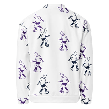 Good Wishes 365 unisex bomber jacket with white base and purple and dark blue football player line-art print