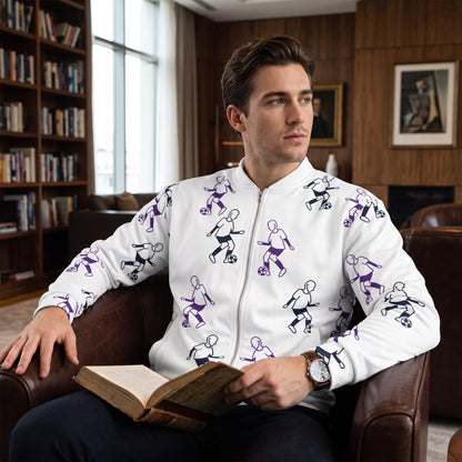 Good Wishes 365 unisex bomber jacket with white and purple football player print, featuring a silver YKK zipper.