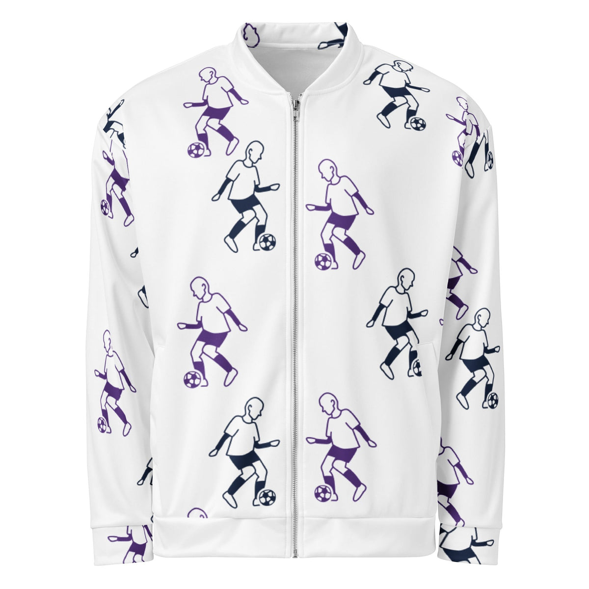 Good Wishes 365 unisex white bomber jacket with purple and dark blue football player line-art print and front zipper.