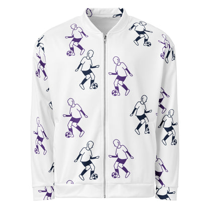 Good Wishes 365 unisex white bomber jacket with purple and dark blue football player line-art print and front zipper.