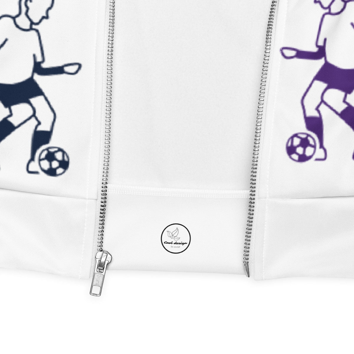 Good Wishes 365 white bomber jacket with purple and dark blue football player line-art print and front zipper detail