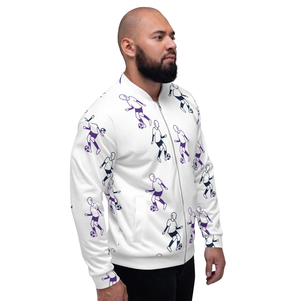 Good Wishes 365 white unisex bomber jacket with purple and blue football player line-art print worn by a man