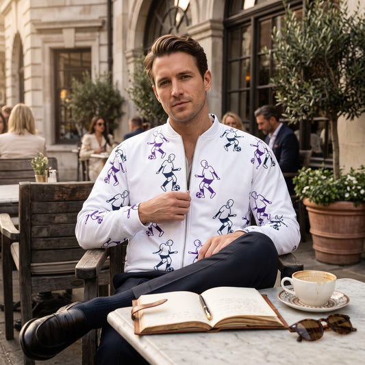 Good Wishes 365 unisex bomber jacket with white and purple football player print, worn by a man at a cafe table