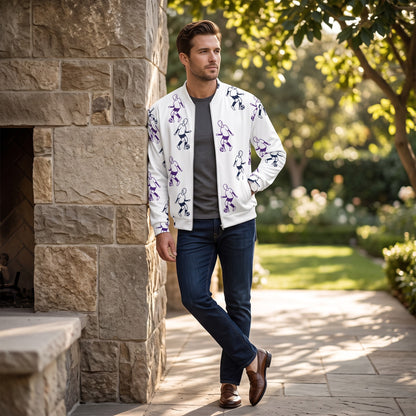 Good Wishes 365 unisex bomber jacket with white and purple football player print, worn by a man outdoors.