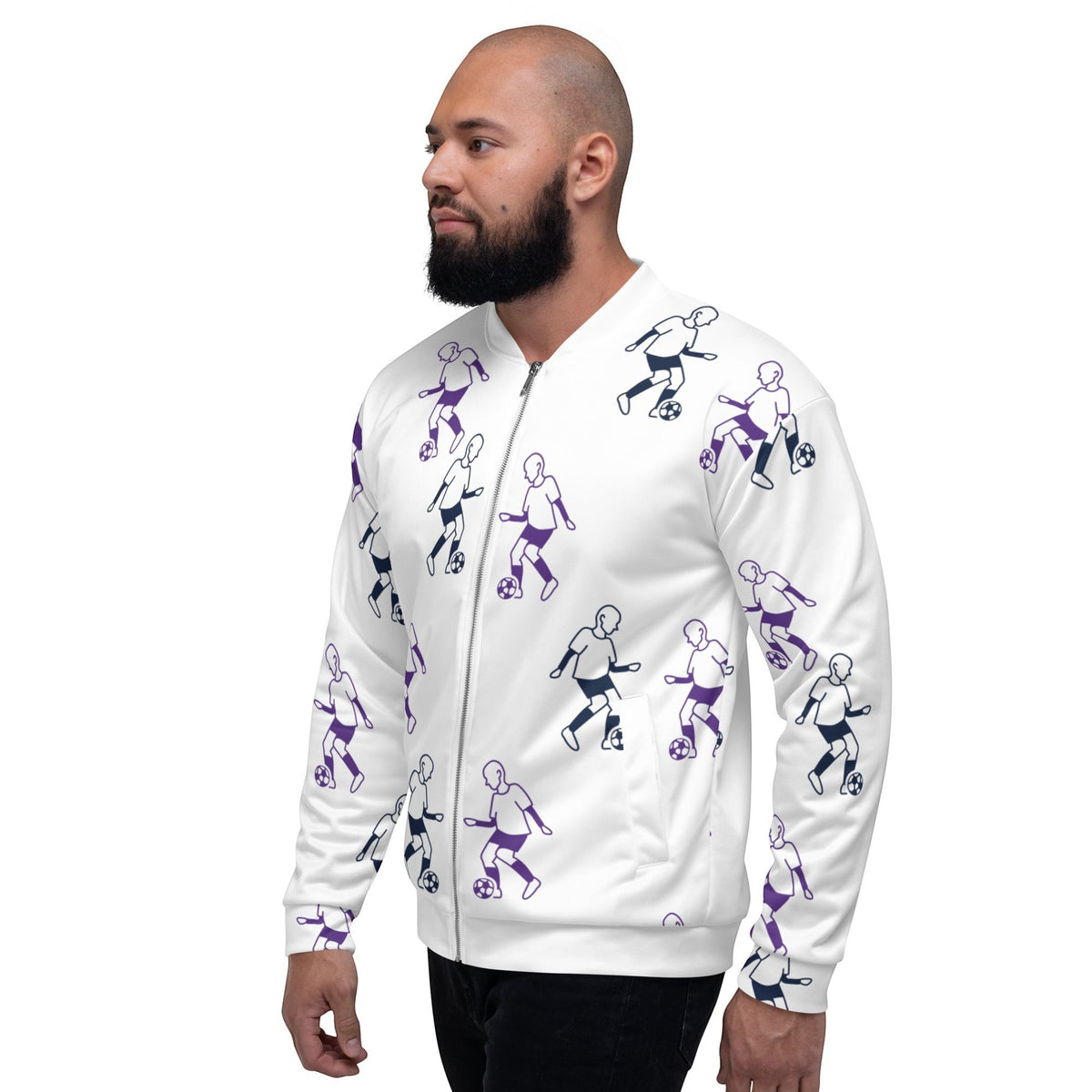 Good Wishes 365 unisex bomber jacket with white base and purple and blue line-art football player pattern