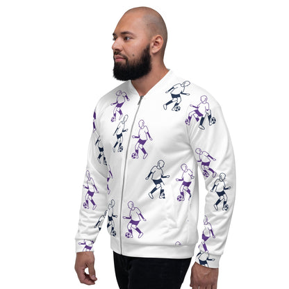 Good Wishes 365 unisex bomber jacket with white base and purple and blue line-art football player pattern