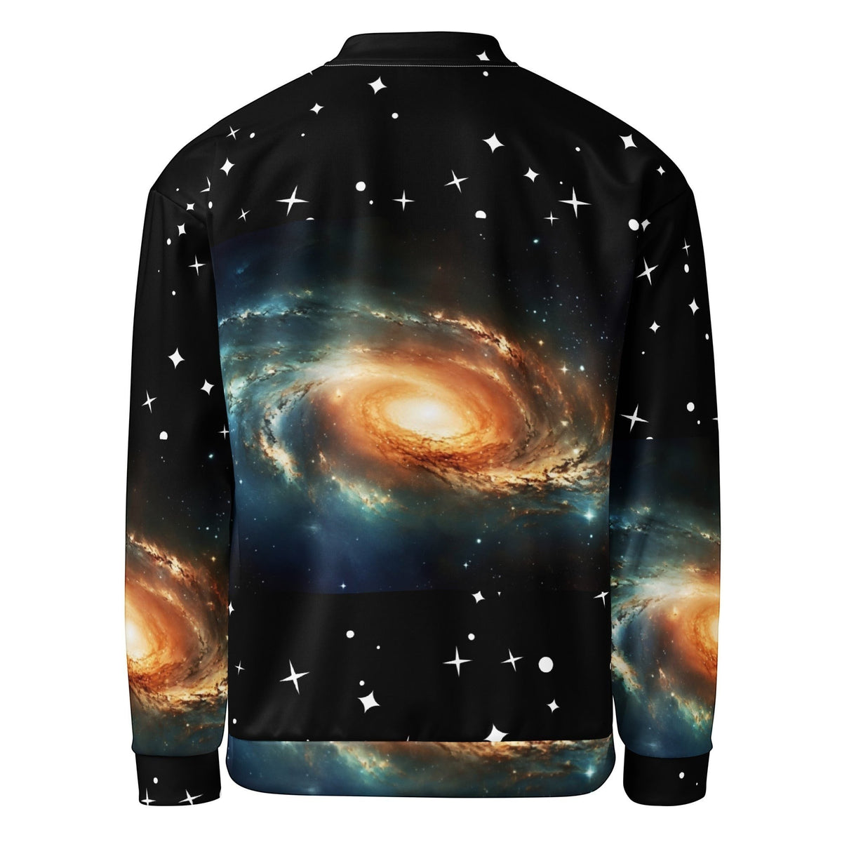 Good Wishes 365 unisex bomber jacket featuring a vibrant all-over galaxy and star print on black polyester fabric.