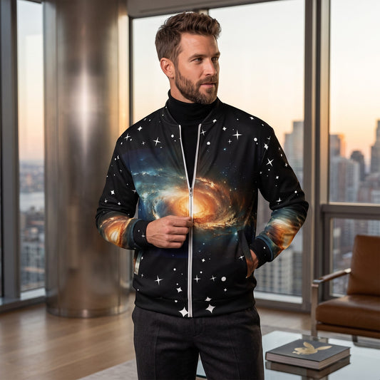 Good Wishes 365 unisex bomber jacket with a vibrant galaxy and star print, featuring a silver zipper and fleece lining