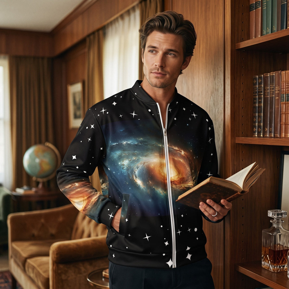 Good Wishes 365 unisex bomber jacket with vibrant galaxy print, brushed fleece lining, and silver zipper.