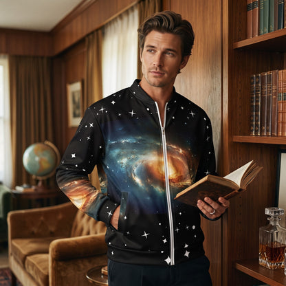 Good Wishes 365 unisex bomber jacket with vibrant galaxy print, brushed fleece lining, and silver zipper.