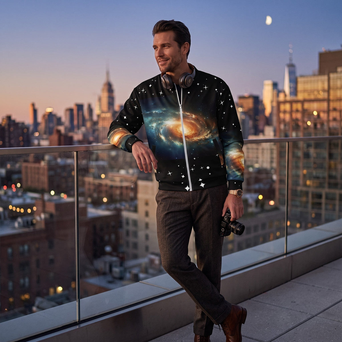 Good Wishes 365 unisex bomber jacket with a vibrant galaxy universe print, worn by a man on a city rooftop at sunset.