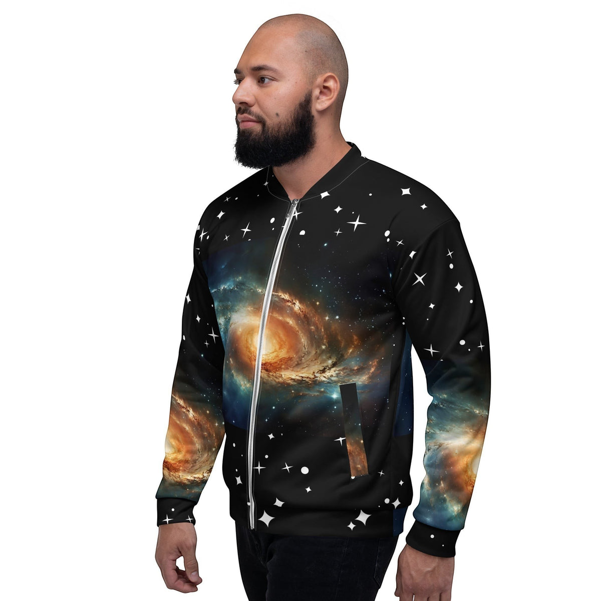 Good Wishes 365 unisex bomber jacket featuring a vibrant galaxy and star print on black polyester with a silver zipper.