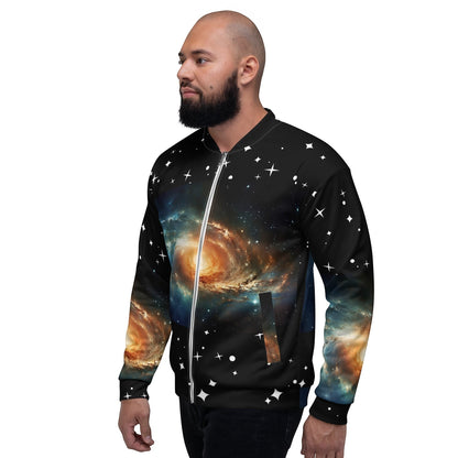 Good Wishes 365 unisex bomber jacket featuring a vibrant galaxy and star print on black polyester with a silver zipper.