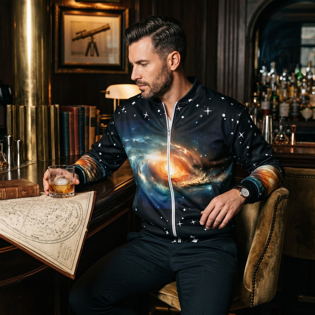 Good Wishes 365 unisex bomber jacket with vibrant galaxy print, brushed fleece lining, and silver zipper in a study.