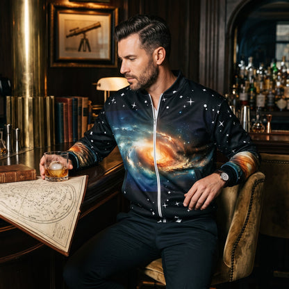 Good Wishes 365 unisex bomber jacket with vibrant galaxy print, brushed fleece lining, and silver zipper in a study.
