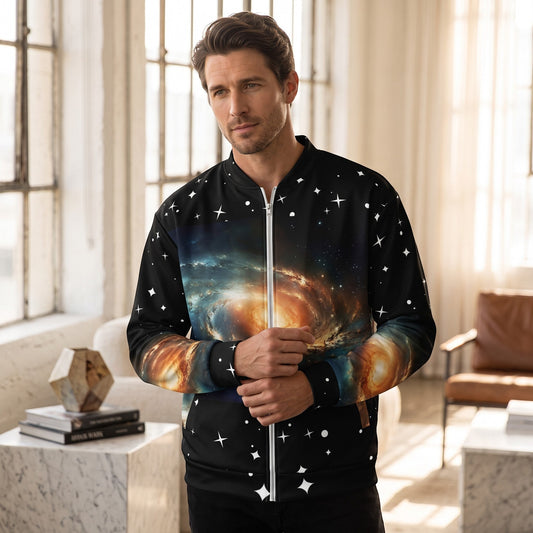 Good Wishes 365 unisex bomber jacket featuring a vibrant galaxy print with stars and nebula on a black background.